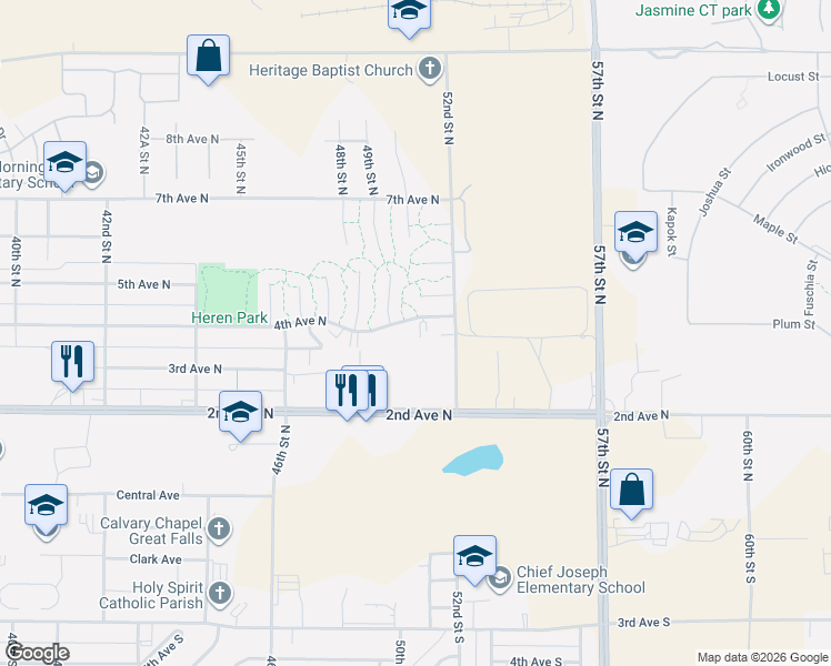 map of restaurants, bars, coffee shops, grocery stores, and more near 5100 4th Avenue North in Great Falls