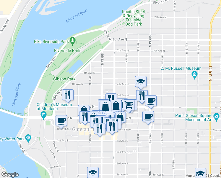 map of restaurants, bars, coffee shops, grocery stores, and more near 522 4th Avenue North in Great Falls