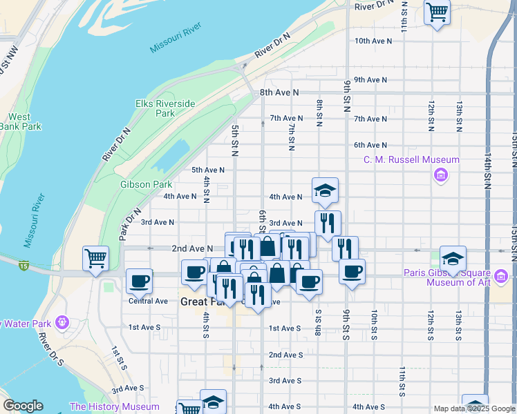 map of restaurants, bars, coffee shops, grocery stores, and more near 312 6th Street North in Great Falls