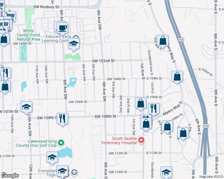 map of restaurants, bars, coffee shops, grocery stores, and more near 10435 3rd Avenue Southwest in Seattle