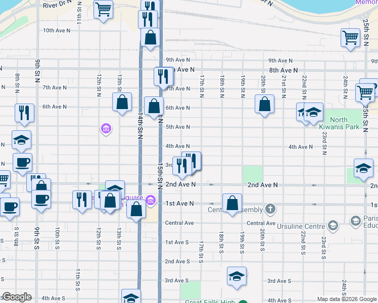 map of restaurants, bars, coffee shops, grocery stores, and more near 1620 4th Avenue North in Great Falls
