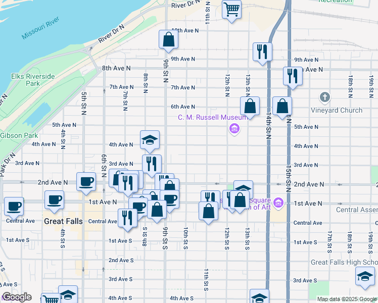 map of restaurants, bars, coffee shops, grocery stores, and more near 1008 4th Avenue North in Great Falls