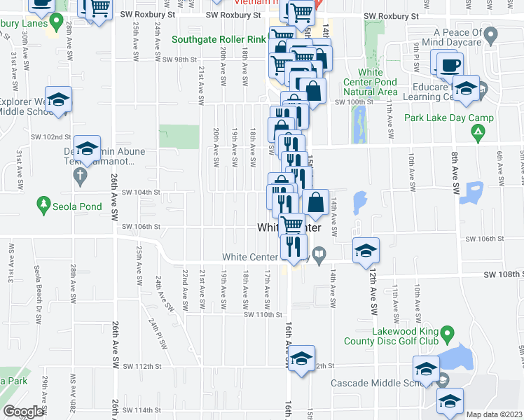map of restaurants, bars, coffee shops, grocery stores, and more near 10420 17th Avenue Southwest in Seattle