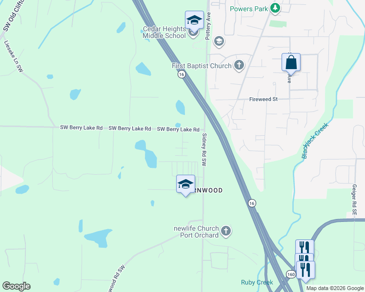 map of restaurants, bars, coffee shops, grocery stores, and more near 540 Southwest Berry Lake Road in Port Orchard