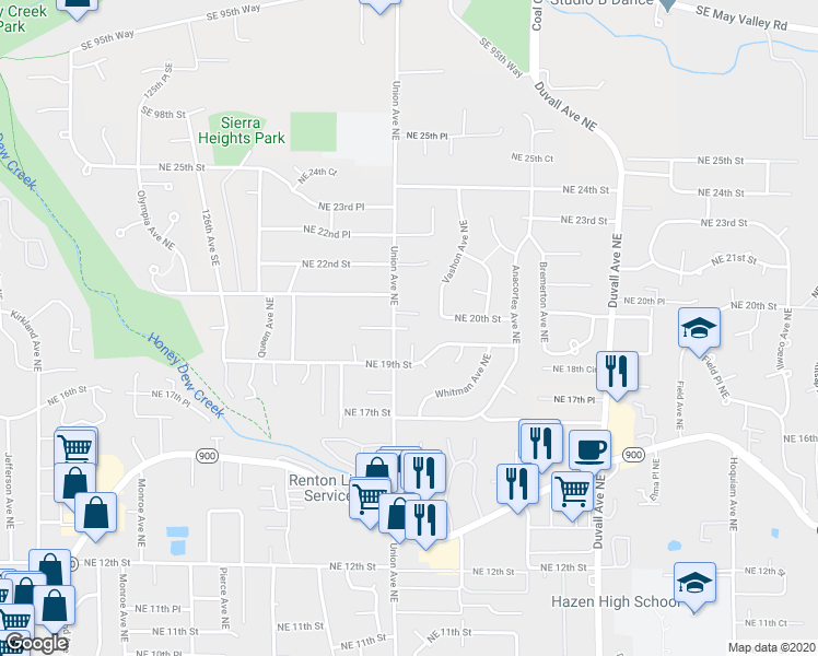 map of restaurants, bars, coffee shops, grocery stores, and more near 4002 Northeast 20th Street in Renton