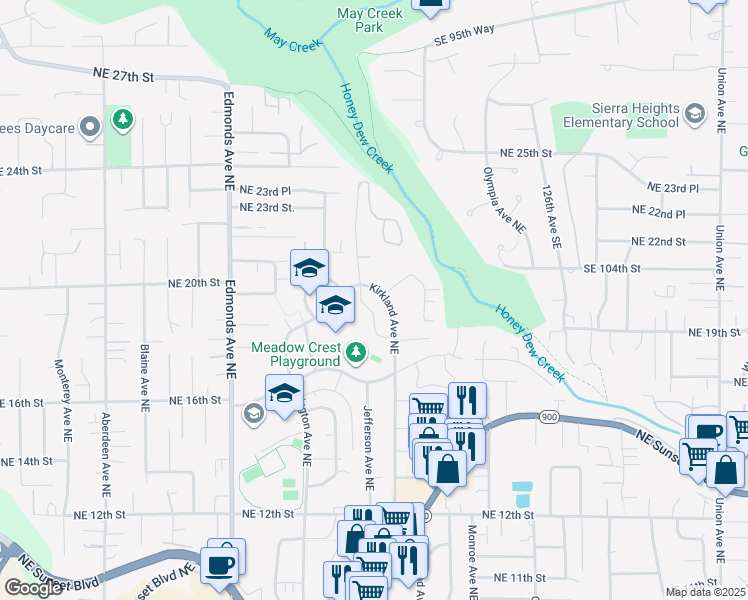 map of restaurants, bars, coffee shops, grocery stores, and more near 1486 Hillcrest Lane Northeast in Renton