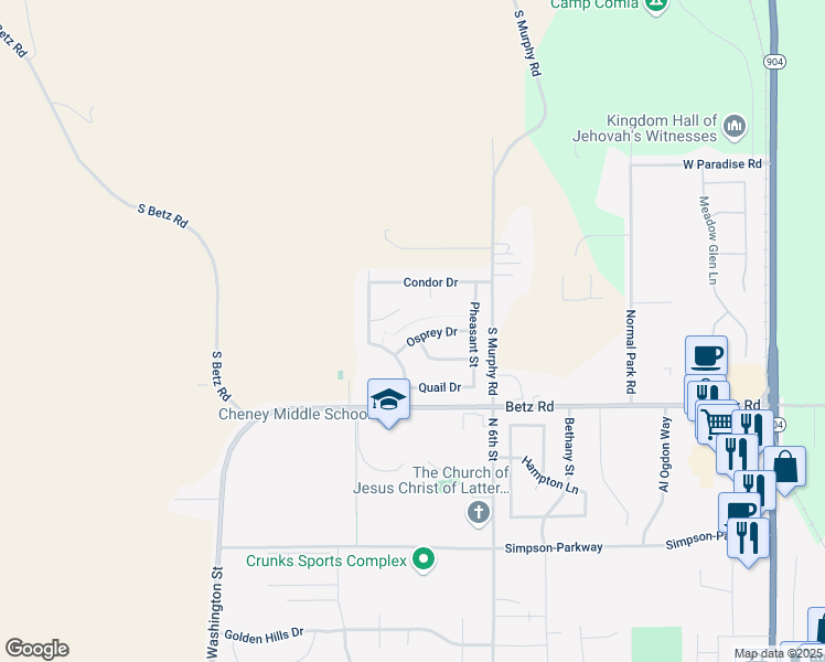 map of restaurants, bars, coffee shops, grocery stores, and more near 733 Osprey Drive in Cheney