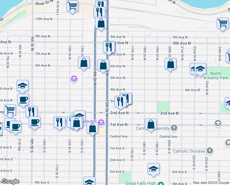 map of restaurants, bars, coffee shops, grocery stores, and more near 1516 4th Avenue North in Great Falls