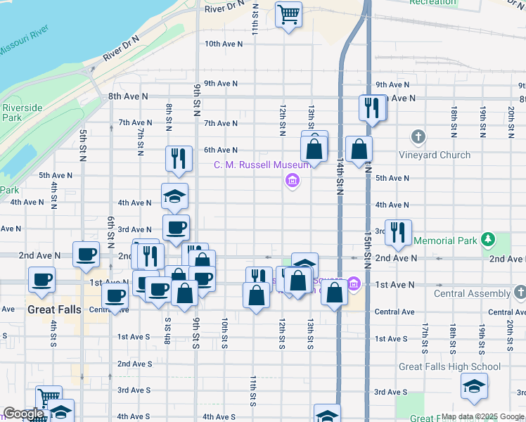 map of restaurants, bars, coffee shops, grocery stores, and more near 1104 4th Avenue North in Great Falls