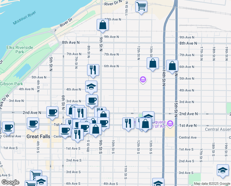 map of restaurants, bars, coffee shops, grocery stores, and more near 1008 4th Avenue North in Great Falls