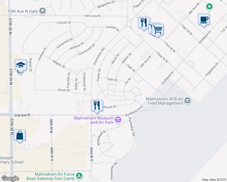 map of restaurants, bars, coffee shops, grocery stores, and more near Lincoln Drive in Great Falls