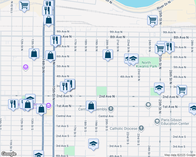map of restaurants, bars, coffee shops, grocery stores, and more near 1900 4th Avenue North in Great Falls