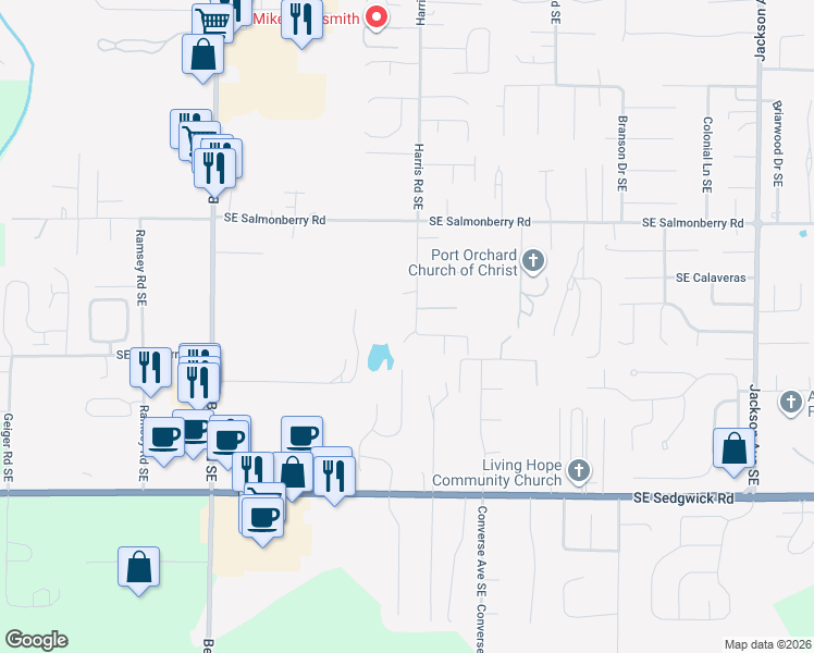 map of restaurants, bars, coffee shops, grocery stores, and more near 4166 Harris Road Southeast in Port Orchard