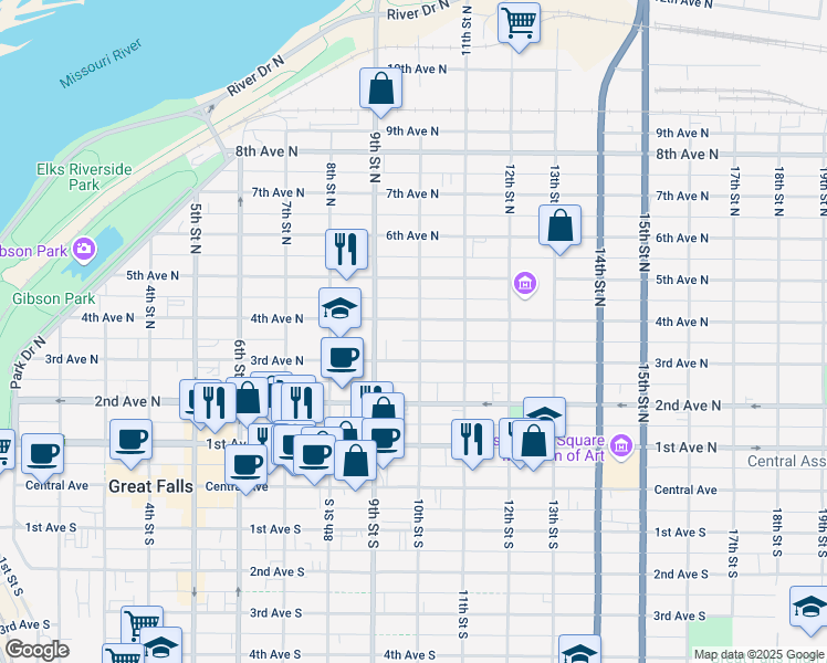 map of restaurants, bars, coffee shops, grocery stores, and more near 920 4th Avenue North in Great Falls