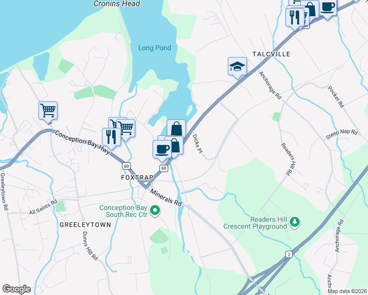 map of restaurants, bars, coffee shops, grocery stores, and more near 323 Conception Bay Highway in Conception Bay South