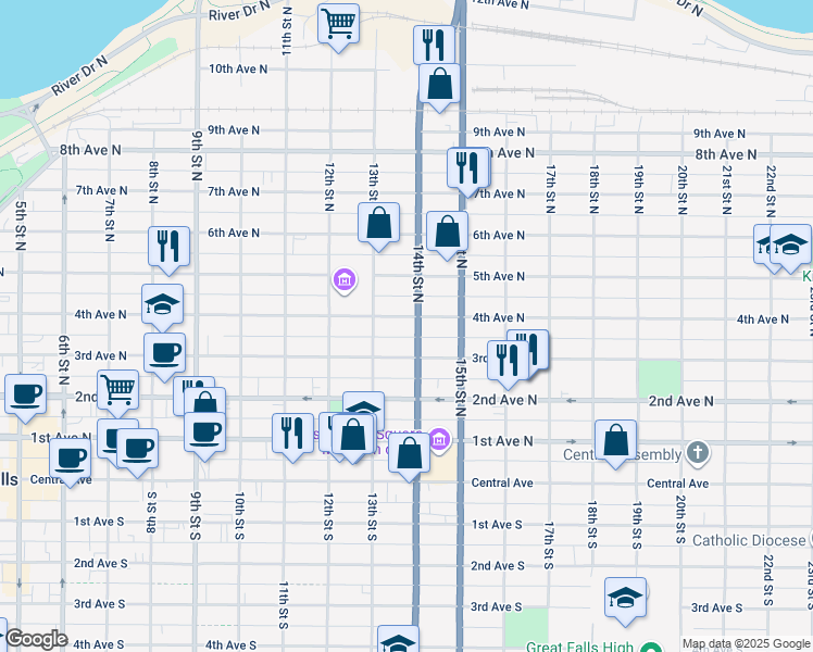 map of restaurants, bars, coffee shops, grocery stores, and more near 1324 4th Avenue North in Great Falls
