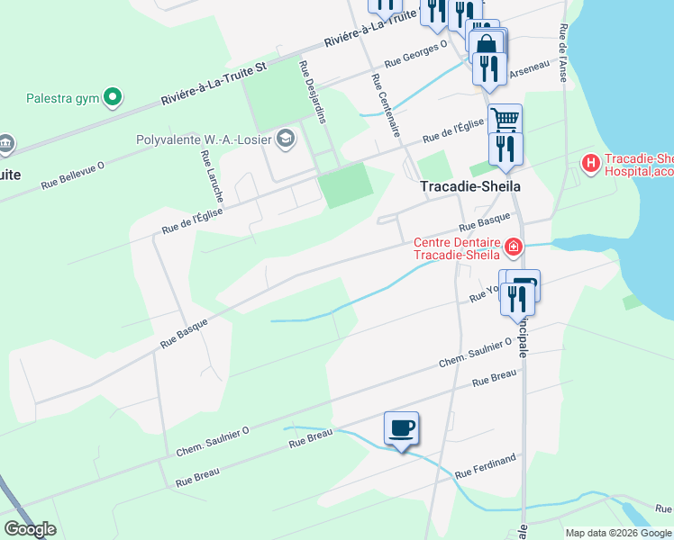 map of restaurants, bars, coffee shops, grocery stores, and more near 588 Rue Basque in Tracadie-Sheila