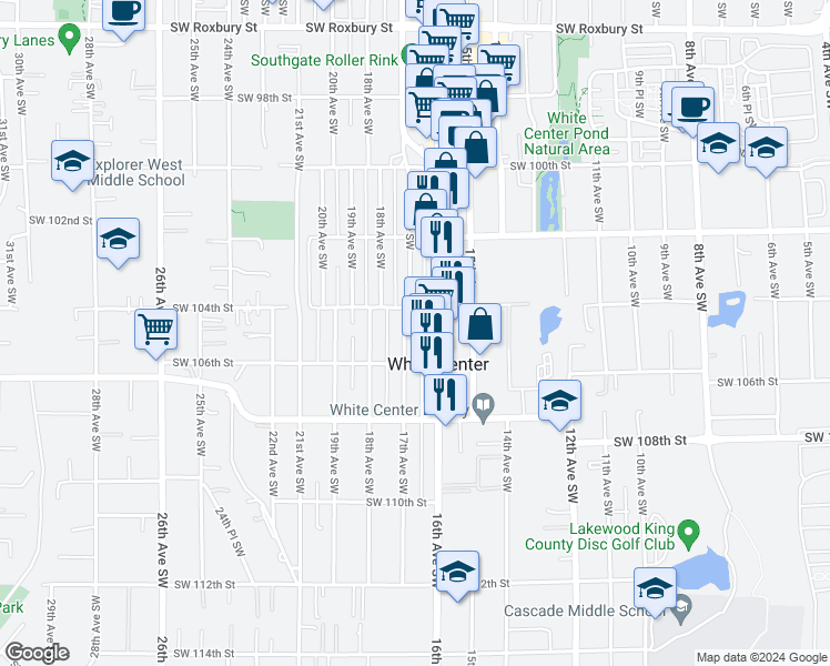 map of restaurants, bars, coffee shops, grocery stores, and more near 10420 17th Avenue Southwest in Seattle