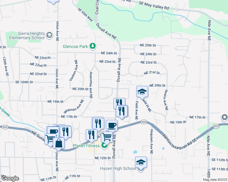 map of restaurants, bars, coffee shops, grocery stores, and more near 1818 Chelan Place Northeast in Renton