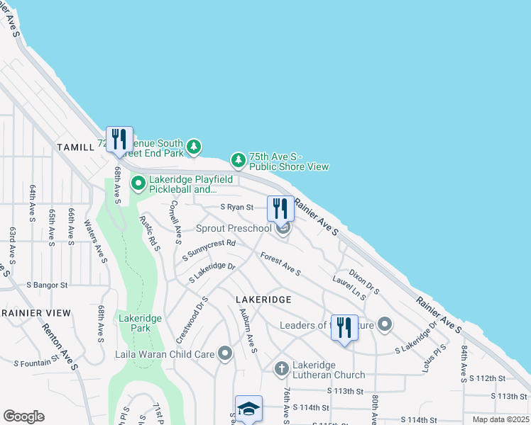 map of restaurants, bars, coffee shops, grocery stores, and more near 7537 South Ryan Street in Seattle