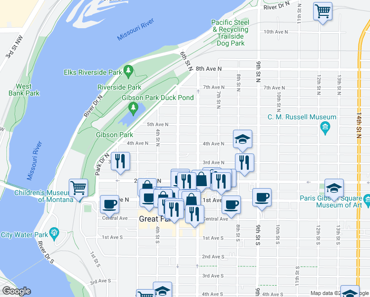 map of restaurants, bars, coffee shops, grocery stores, and more near 510 4th Avenue North in Great Falls