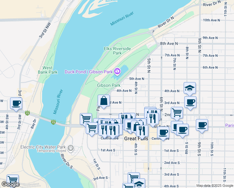 map of restaurants, bars, coffee shops, grocery stores, and more near 216 4th Avenue North in Great Falls