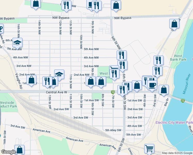 map of restaurants, bars, coffee shops, grocery stores, and more near 826 2nd Avenue Northwest in Great Falls