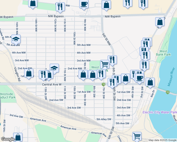 map of restaurants, bars, coffee shops, grocery stores, and more near 820 2nd Avenue Northwest in Great Falls