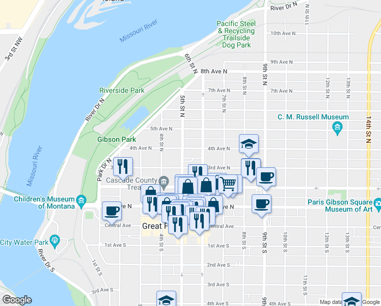 map of restaurants, bars, coffee shops, grocery stores, and more near 510 4th Avenue North in Great Falls