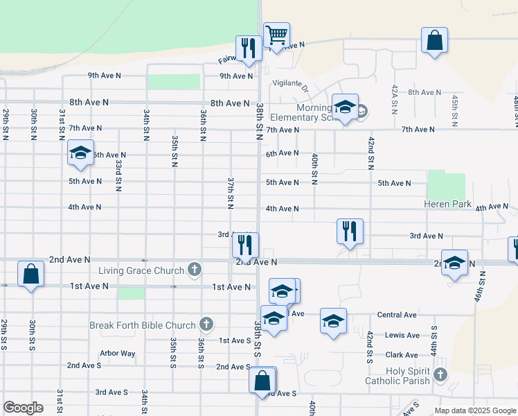 map of restaurants, bars, coffee shops, grocery stores, and more near 401 38th Street North in Great Falls
