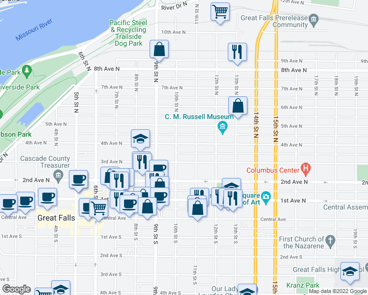 map of restaurants, bars, coffee shops, grocery stores, and more near 1008 4th Avenue North in Great Falls