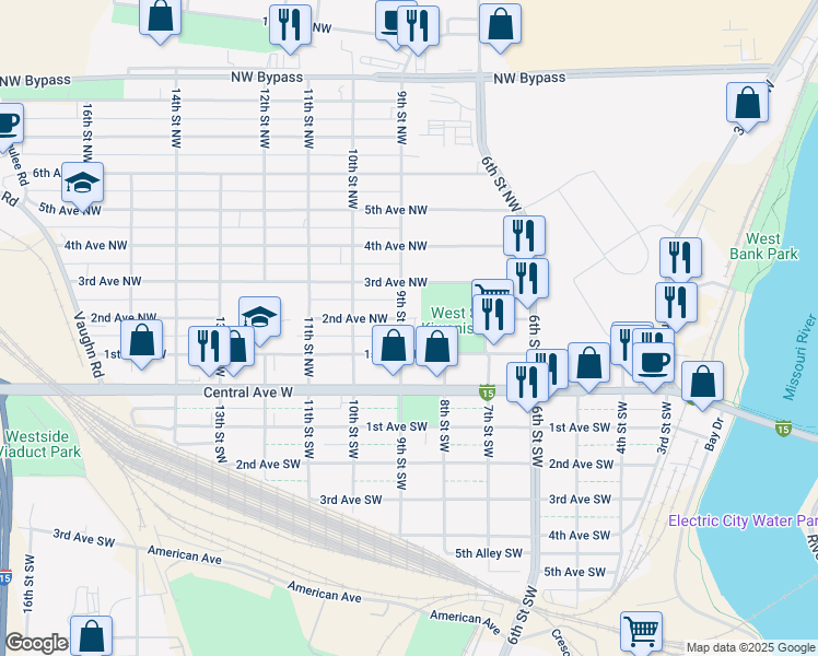 map of restaurants, bars, coffee shops, grocery stores, and more near 826 2nd Avenue Northwest in Great Falls