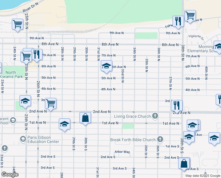 map of restaurants, bars, coffee shops, grocery stores, and more near 400 32nd Street North in Great Falls