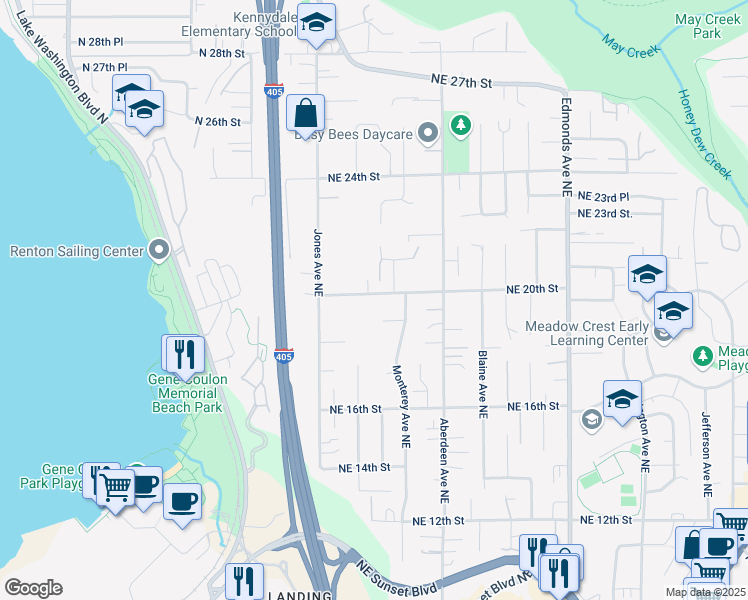 map of restaurants, bars, coffee shops, grocery stores, and more near 1835 Northeast 20th Street in Renton