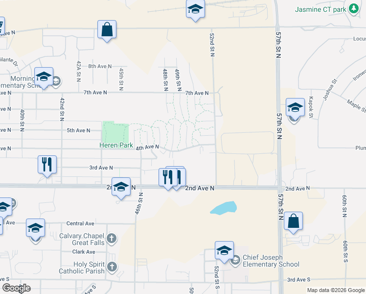 map of restaurants, bars, coffee shops, grocery stores, and more near 401 Deerfield Court in Great Falls