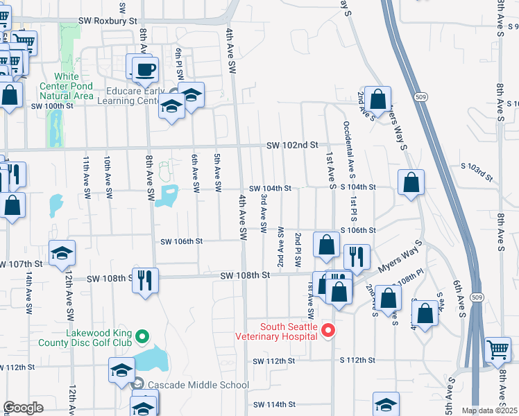map of restaurants, bars, coffee shops, grocery stores, and more near 10435 3rd Avenue Southwest in Seattle