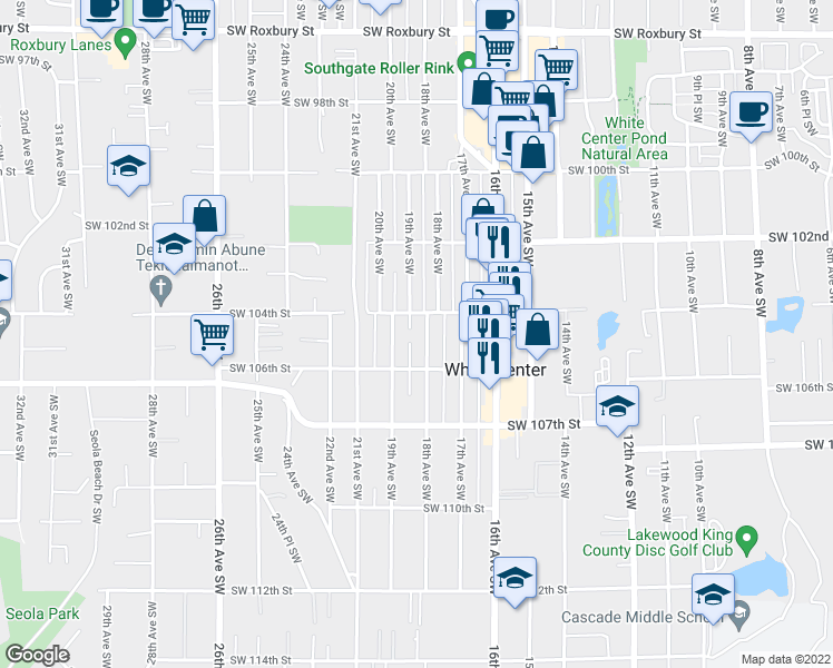 map of restaurants, bars, coffee shops, grocery stores, and more near 10419 18th Avenue Southwest in Seattle