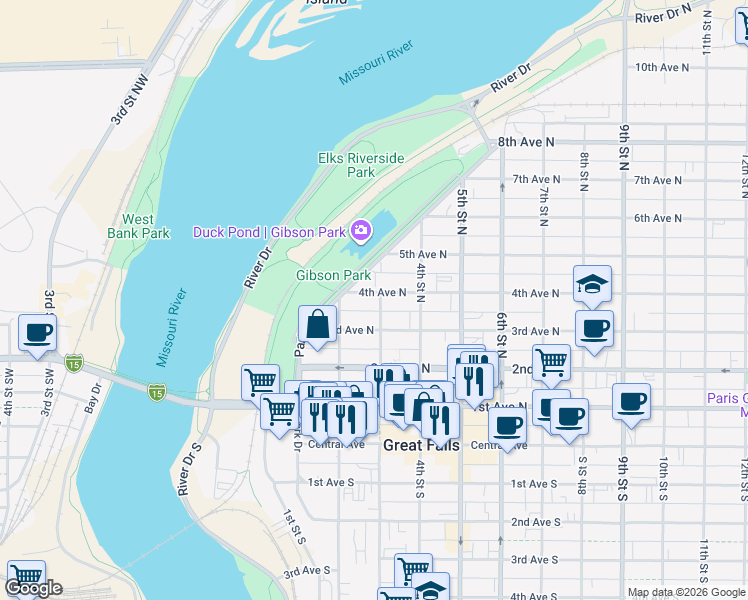 map of restaurants, bars, coffee shops, grocery stores, and more near 216 4th Avenue North in Great Falls