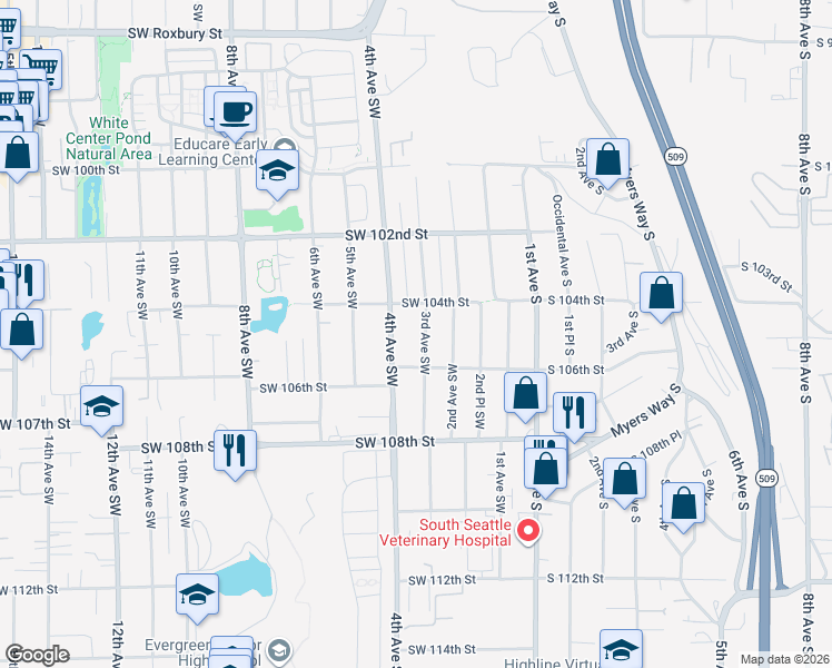 map of restaurants, bars, coffee shops, grocery stores, and more near 10435 3rd Avenue Southwest in Seattle