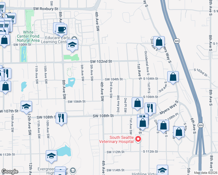 map of restaurants, bars, coffee shops, grocery stores, and more near 10435 3rd Avenue Southwest in Seattle