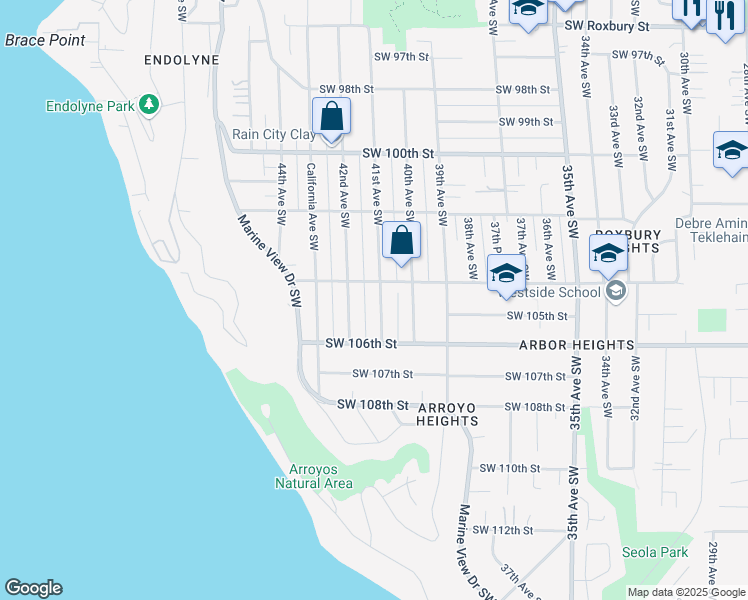 map of restaurants, bars, coffee shops, grocery stores, and more near 10415 41st Avenue Southwest in Seattle