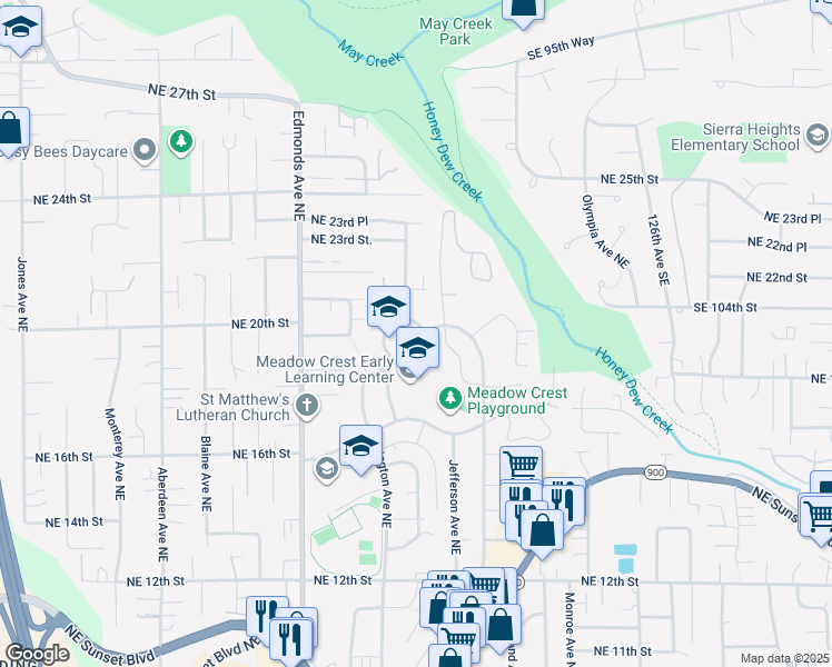 map of restaurants, bars, coffee shops, grocery stores, and more near 1927 Harrington Avenue Northeast in Renton