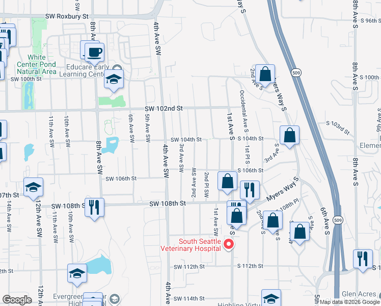 map of restaurants, bars, coffee shops, grocery stores, and more near 10429 2nd Avenue Southwest in Seattle