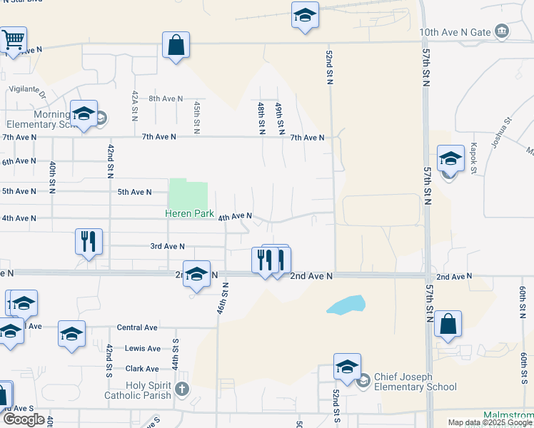 map of restaurants, bars, coffee shops, grocery stores, and more near 404 Columbine Court in Great Falls