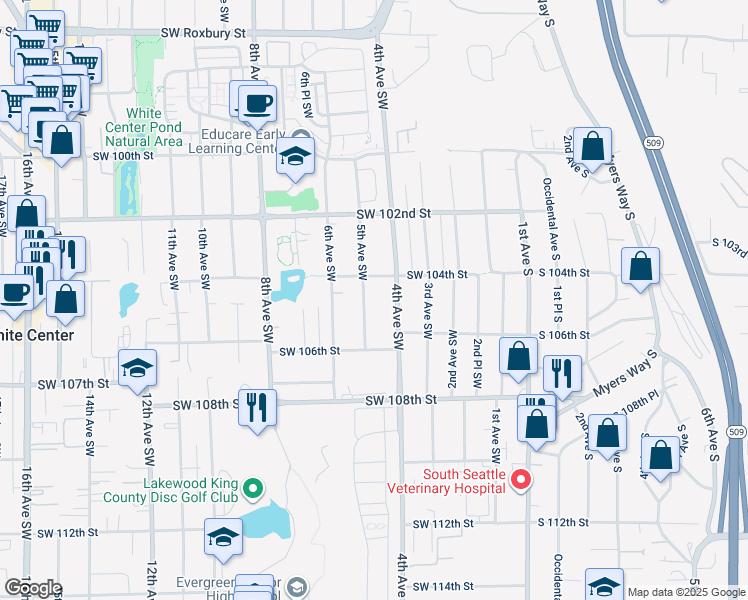 map of restaurants, bars, coffee shops, grocery stores, and more near 10422 5th Avenue Southwest in Seattle