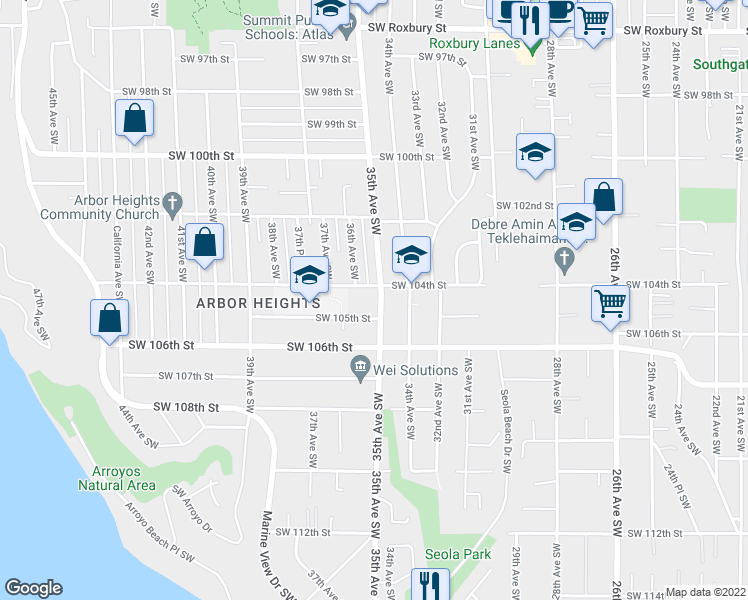 map of restaurants, bars, coffee shops, grocery stores, and more near 10411 35th Avenue Southwest in Seattle
