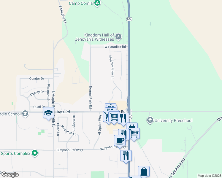 map of restaurants, bars, coffee shops, grocery stores, and more near 3108 Silverthorn Lane in Cheney