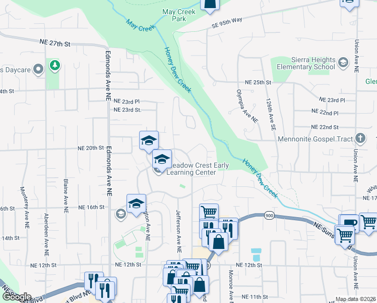 map of restaurants, bars, coffee shops, grocery stores, and more near 1486 Hillcrest Lane Northeast in Renton