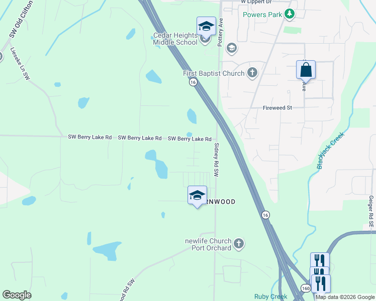 map of restaurants, bars, coffee shops, grocery stores, and more near 540 Southwest Berry Lake Road in Port Orchard