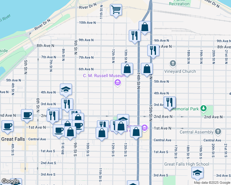 map of restaurants, bars, coffee shops, grocery stores, and more near 1217 4th Avenue North in Great Falls